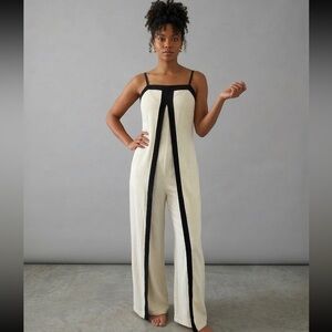 Cream Wide-Leg Jumpsuit with Black Stripe Detail